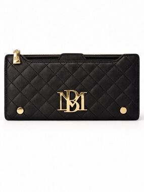 Badgley Mischka Black Quilted Wallet Clutch Gold Logo Organizer